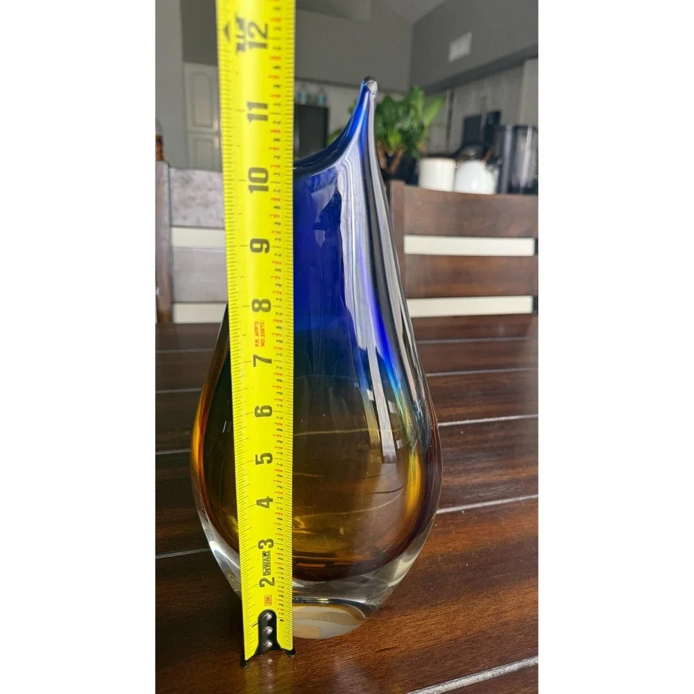VTG Handblown Brazilian Art Glass Vase Blue & Amber Novica Brazil Collection